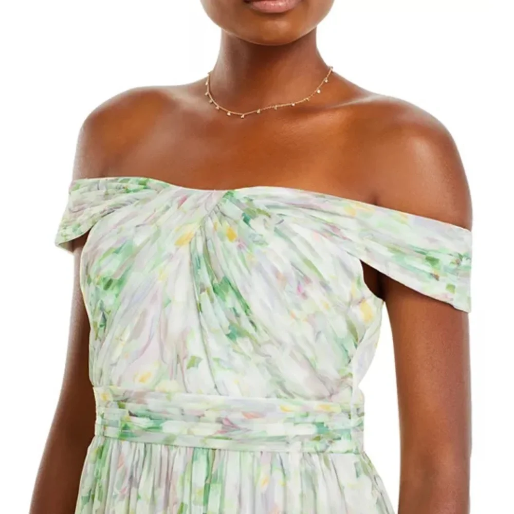 BNWT Adrianna Papell Off Shoulder Chiffon Gown Spring Mint Multi 12 and 14 - Picture 5 of 7